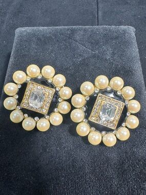 NOS: Vtg Oversized Faux Pearl, Black Enamel & Rhinestone Clip On Earrings